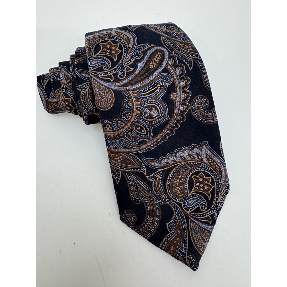 XMI PLATINUM Handmade Paisley Print Woven Silk Tie Brown On Dark Navy Blue MINT